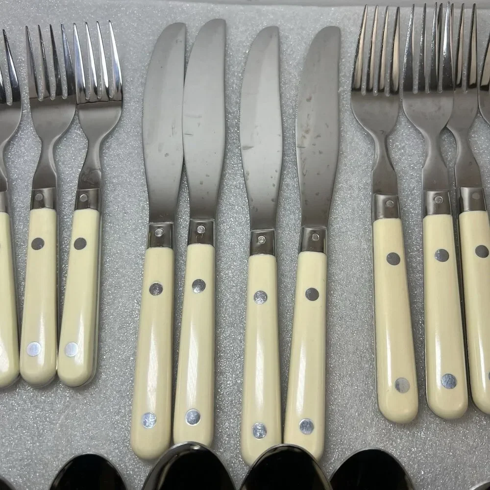 Vintage WF Mardi Gras Stainless Flatware White Handle MCM 20 Piece Set Served 4